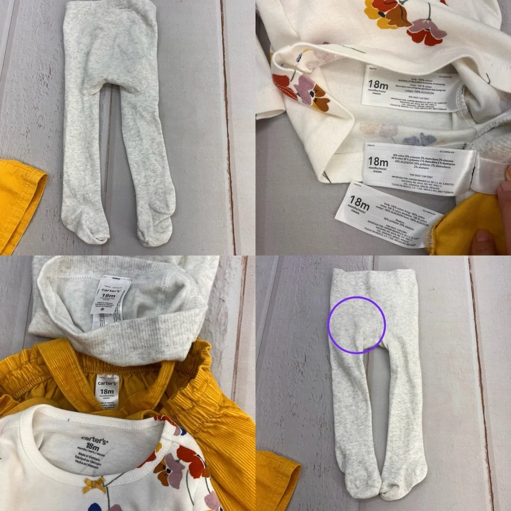 Baby Girl Carter's 3-Piece Floral Tee,‎ Corduroy Jumper, & Tights Set SIZE 18M